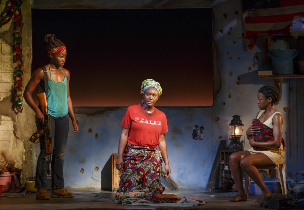 Lupita Nyong&#39;o, Saycon Sengbloh, and Pascale Armand star in Danai Gurira&#39;s Eclipsed, directed by Liesl Tommy, at Broadway&#39;s John Golden Theatre.