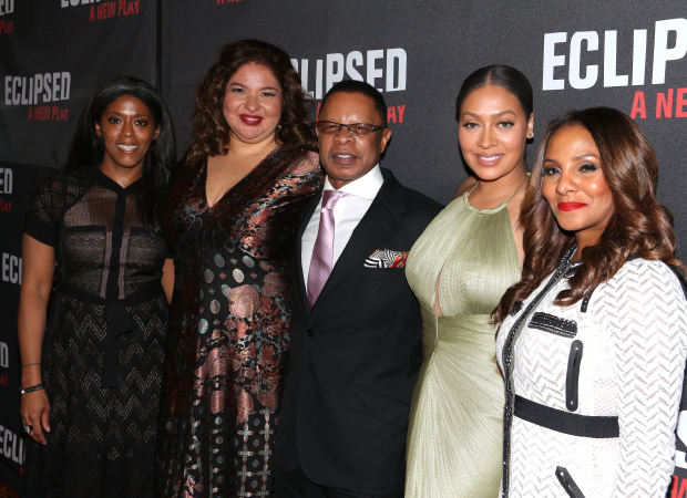 Eclipsed director Liesl Tommy (second from left) joins producers Alia Jones-Harvey, Stephen C. Byrd, Lala Anthony, and Marvet Britto for a group photo.