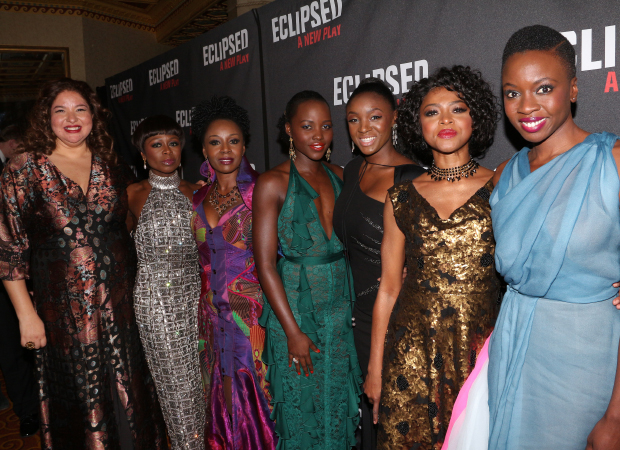 Director Liesl Tommy (left) and playwright Danai Gurira (right) proudly join their cast for a snapshot.