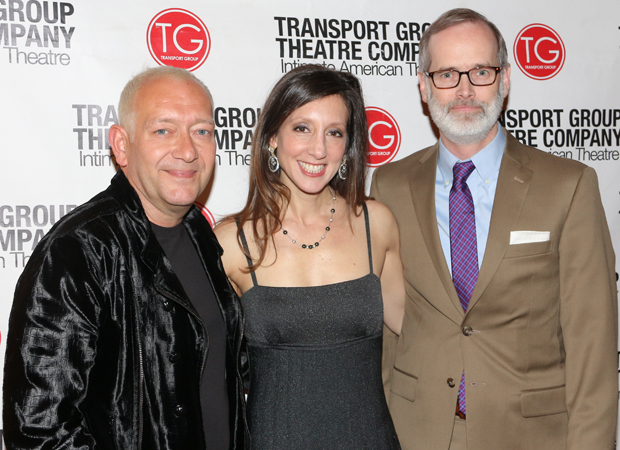 Transport Group honoree Michael John LaChiusa poses with Executive Director Lori Fineman and Artistic Director Jack Cummings III.