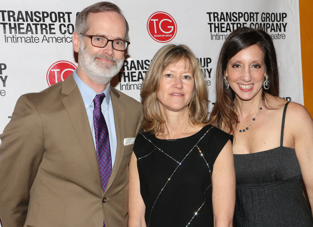 TheaterMania CEO Gretchen Shugart joins Transport Group&#39;s Jack Cummings III and Lori Fineman on the red carpet.