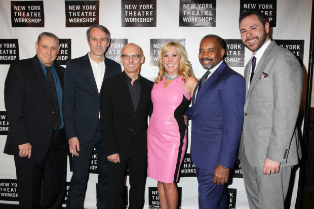 Artistic Director James Nicola (left) and managing director Jeremy Blocker (right) join honorees Ivo van Hove, Jan Versweyveld, Heather Randall, and Noel E.D. Kirnon for a photo.