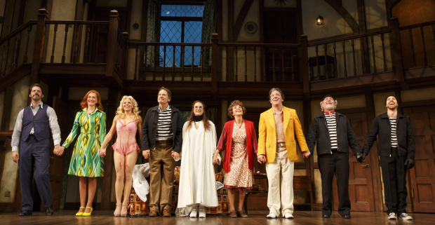 The cast of Noises Off take their bows at the American Airlines Theatre.