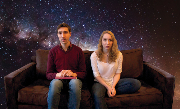 Matthew Nerber and Laura Berner Taylor in a publicity image for Interrobang Theatre Project's production of Recent Tragic Events, by Craig Wright, directed by Georgette Verdin