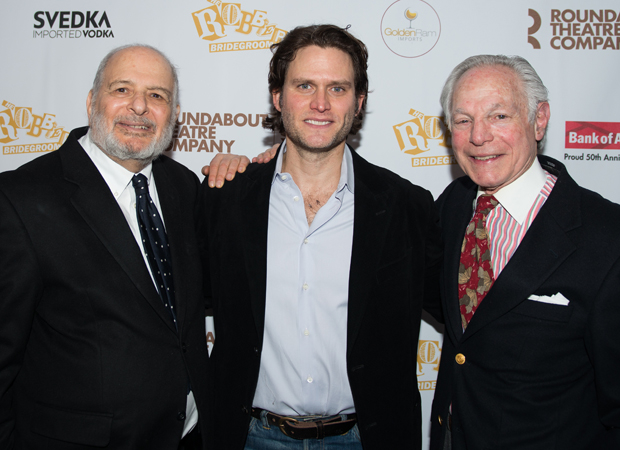 Steven Pasquale joins Robber Bridegroom  authors Alfred Uhry and Robert Waldman for a celebratory photo.