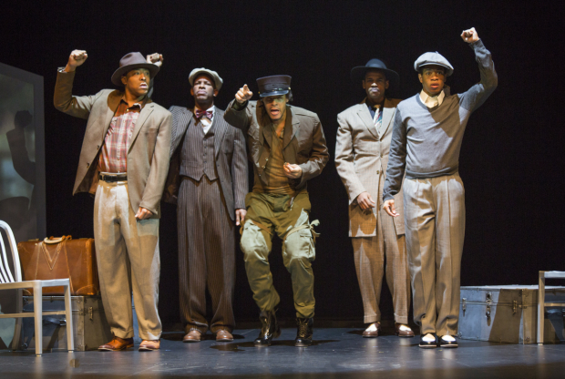Terrell Wheeler, Damian Thompson, Omar Edwards, Brooks Brantly, and Desmond Newson in Fly, at the New Victory Theater.
