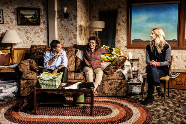 Luis (Alfredo Narciso) explains bankruptcy to Mom (Deirdre O&#39;Connell) and Manda (Nadia Bowers) in The Way West.
