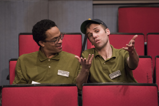 Thaddeus McCants (Avery) and Evan Casey (Sam) in The Flick, directed by Joe Calarco, at Signature Theatre. 