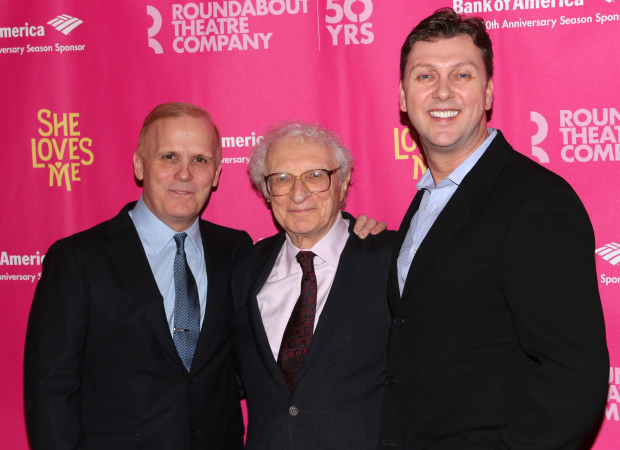 She Loves Me lyricist Sheldon Harnick (center) congratulates director Scott Ellis (left) and choreographer Warren Carlyle (right).