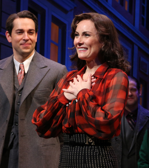 As Zachary Levi looks on, She Loves Me leading lady Laura Benanti takes her curtain call.