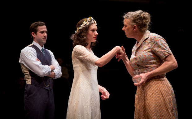 Chance Bone, Helen Sadler, and Eva Barr in Blood Wedding, directed by Daniel Ostling, at Lookingglass Theatre.