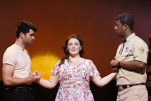 Ben Crawford as Starbuck, Tracy Lynn Olivera as Lizzie Curry and Kevin McAllister as File in the Ford's Theatre production of 110 in the Shade.