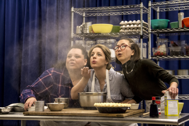 Keala Settle, Jessie Mueller, and Kimiko Glenn in rehearsal for Waitress, starting previews at the Brooks Atkinson Theatre March 25.