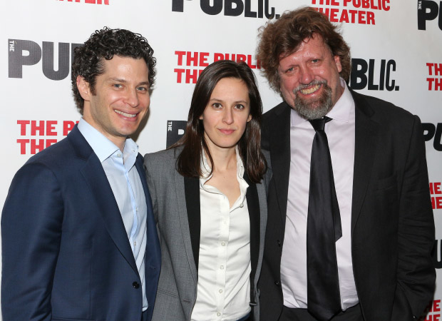 Dry Powder director Thomas Kail and playwright Sarah Burgess join Public Theater Artistic Director Oskar Eustis for a photo.