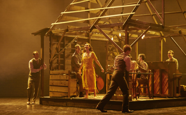 Carmen Cusack (center) leads the cast of Steve Martin and Edie Brickell&#39;s Bright Star, directed by Walter Bobbie, at Broadway&#39;s Cort Theatre.
