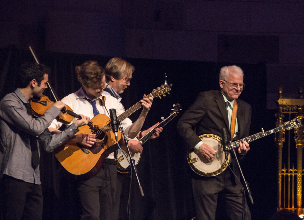 Steve Martin leads a bluegrass jam session at the Bright Star opening night party at Gotham Hall. 