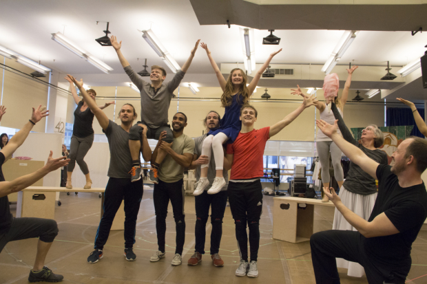 Andrew Keenan-Bolger, Sarah Charles Lewis, and the cast of Tuck Everlasting in rehearsal.