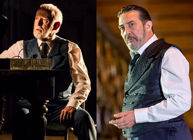 Jim Norton as Polonius and Ciarán Hinds as Claudius in Lyndsey Turner&#39;s 2015 production of Hamlet at London&#39;s Barbican Centre.