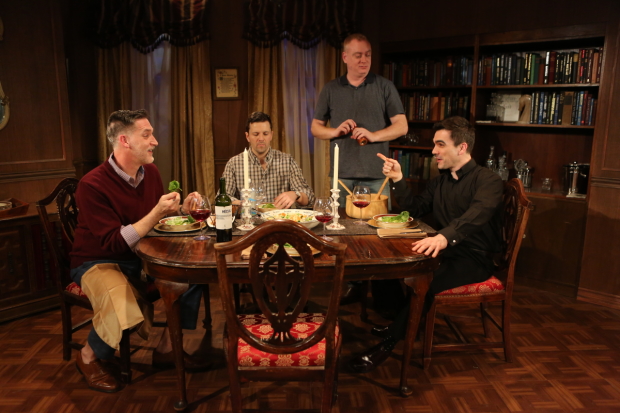 Liam Torres, John J. Comcado, David Grimm, and Dan Domingues play four gay men at a dinner party in Locusts Have No King.