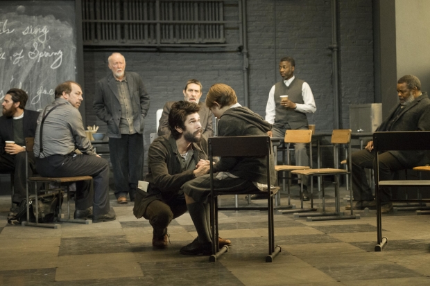 Ben Whishaw, Tavi Gevinson (foreground), Jason Butler Harner, Bill Camp, Jim Norton, Ciarán Hinds, Teagle F. Bougere, and Ray Anthony Thomas (background) star in the Broadway revival of Arthur Miller&#39;s The Crucible, directed by Ivo van Hove, at the Walter Kerr Theatre.