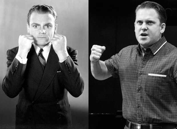 James Cagney in a promotional image for the 1938 film Angels With Dirty Faces (left); Robert Creighton in rehearsal for his new off-Broadway musical Cagney.