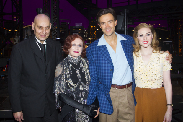 London Fred Johanson (Max Von Mayerling), Glenn Close (Norma Desmond), Michael Xavier (Joe Gillis), and Siobhan Dillon (Betty Shaefer) backstage following the opening night of Sunset Boulevard.