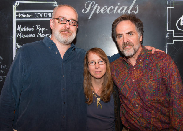 Anne Washburn (center) celebrates her opening night with director Ken Rus Schmoll (left) and Playwrights Horizons artistic director Tim Sanford (right).