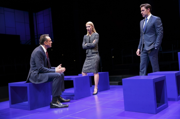 Hank Azaria, Claire Danes, and John Krasinski in Thomas Kail&#39;s production of Dry Powder by Sarah Burgess at the Public Theater.