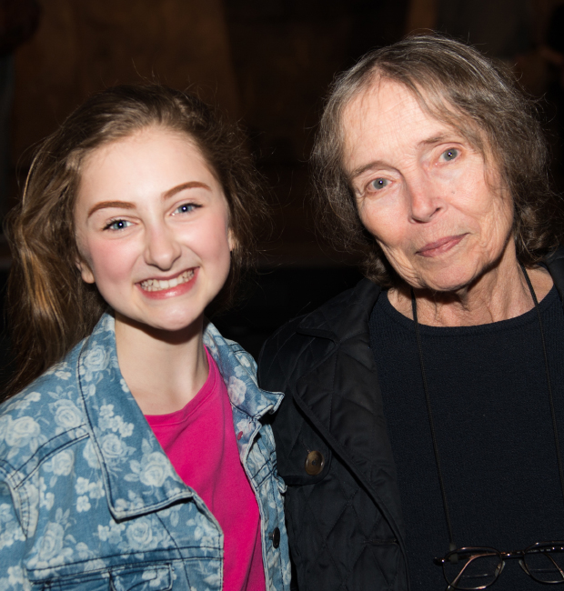 Natalie Babbitt takes a photo with Broadway&#39;s young Tuck Everlasting star, Sarah Charles Lewis.