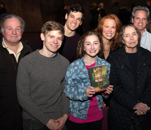 Fred Applegate, Andrew Keenan-Bolger, Robert Lenzi, Sarah Charles Lewis, Carolee Carmello, and Michael Park join Tuck Everlasting author Natalie Babbitt for a special backstage group shot.