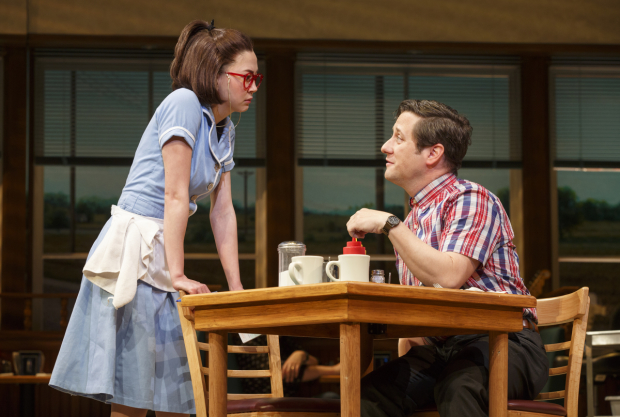 Kimiko Glenn and Christopher Fitzgerald play onstage couple Dawn and Ogie.