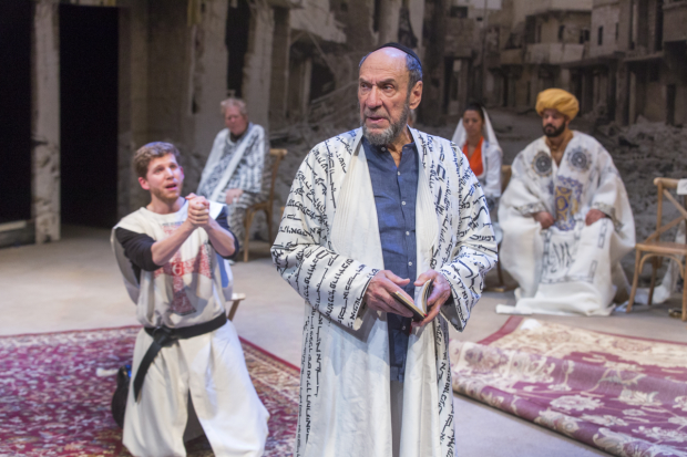 The Templar (Stark Sands) pleads with Nathan (F. Murray Abraham) in Nathan the Wise.