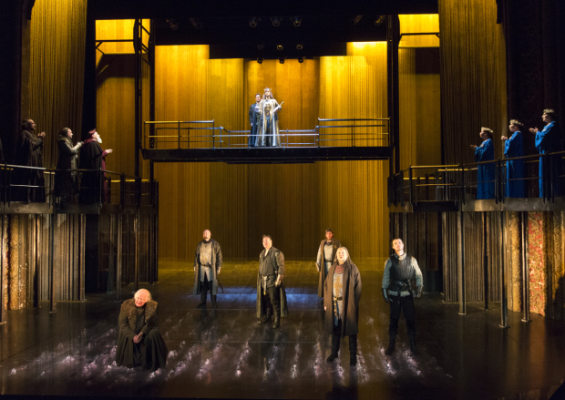 David Tennant (elevated, center) leads the company of William Shakespeare&#39;s Richard II, directed by Gregory Doran, for the Royal Shakespeare Company at BAM&#39;s Harvey Theater.