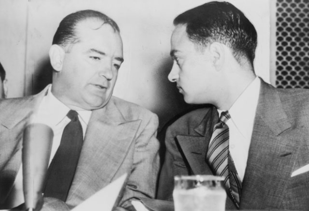 Joseph McCarthy (left) led the House Un-American Activities Committee, which resulted in a modern-day witch hunt that implicated the playwright Arthur Miller in Communist activities. Roy Cohn (who had a fictionalized role in Angels in America is seen here with McCarthy.