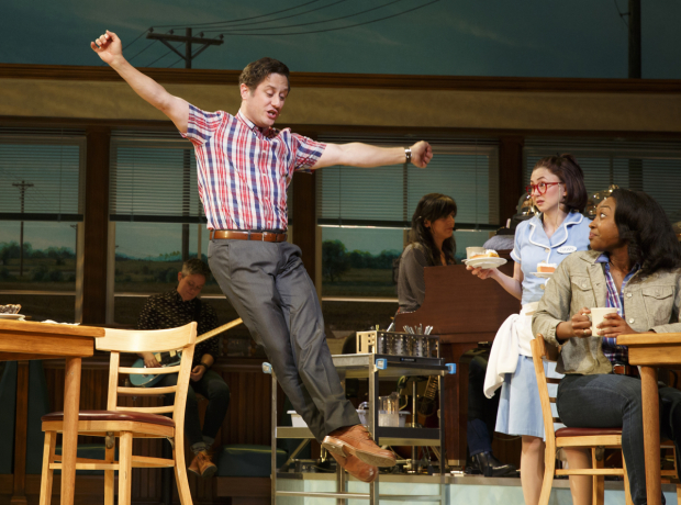 Christopher Fitzgerald, Kimiko Glenn, and Aisha Jackson in a scene from Waitress.