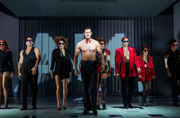 Benjamin Walker (center) leads the cast of Roberto Aguirre-Sacasa and Duncan Sheik&#39;s American Psycho, directed by Rupert Goold, at Broadway&#39;s Gerald Schoenfeld Theatre.