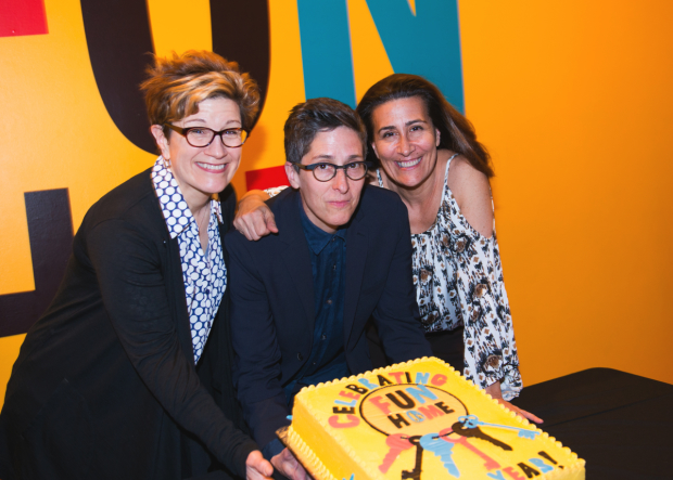 Fun Home, based on a graphic novel by Alison Bechdel (center), is written by Lisa Kron (left) and Jeanine Tesori.