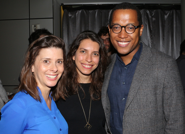 The team behind Gloria: actress Jeanine Serralles, Vineyard Theatre coartistic director Sarah Stern, and playwright Branden Jacobs-Jenkins.