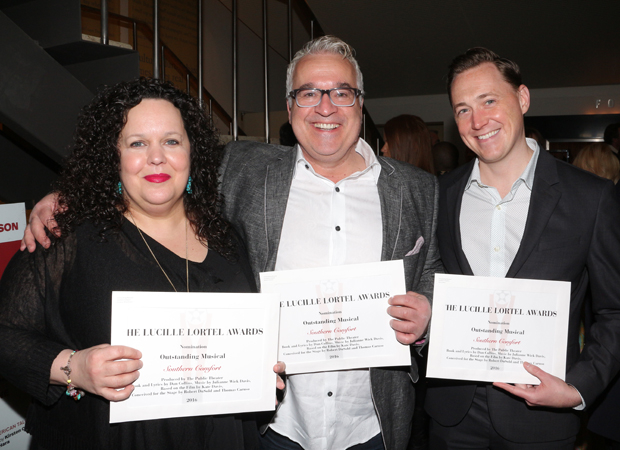 The happy Southern Comfort family: composer Julianne Wick Davis, conceiver Robert DuSold, and book writer/lyricist Dan Collins.