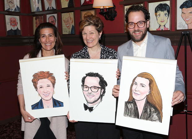 Jeanine Tesori, Lisa Kron, and Sam Gold show off each other&#39;s brand new Sardi&#39;s portraits.
