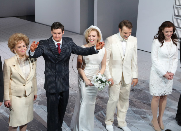 Alice Ripley, Benjamin Walker, Heléne Yorke, Drew Moerlein, and Jennifer Damiano come out for curtain call.