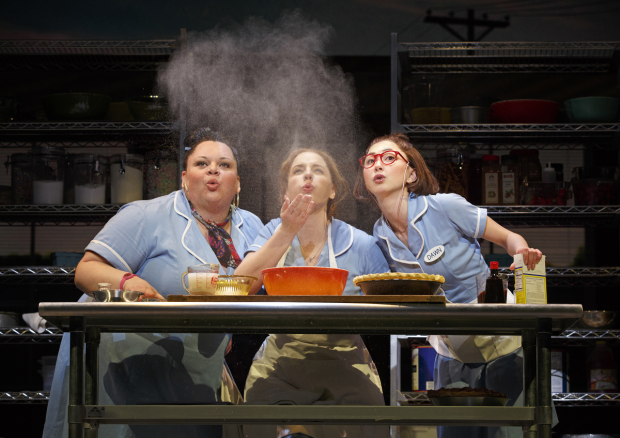 Keala Settle, Jessie Mueller, and Kimiko Glenn star in Sara Bareilles and Jessie Nelson&#39;s Waitress, directed by Diane Paulus, at Broadway&#39;s Brooks Atkinson Theatre.
