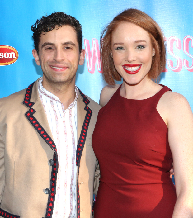 An American in Paris star Brandon Uranowitz and Beautiful&#39;s Jessica Keenan Wynn arrive to cheer on their pal, Waitress ensemble member Molly Hager.