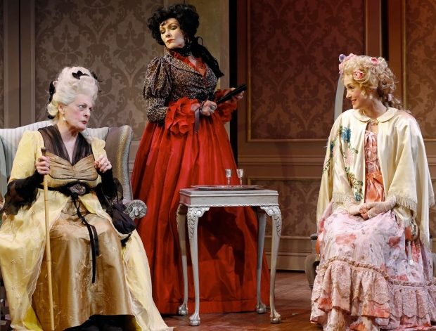Dana Ivey (left) as Mrs. Candour, Frances Barber (center) as Lady Sneerwell, and Helen Cespedes as Lady Teazle (right) in Marc Vietor&#39;s production of The School for Scandal.