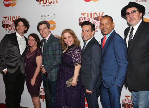 It&#39;s the Claudia Shear (center) cheering squad: (from left) Michael Urie, Rachel Dratch, Paul Rudnick, Mario Cantone, Jerry Dixon, and Alfred Molina.