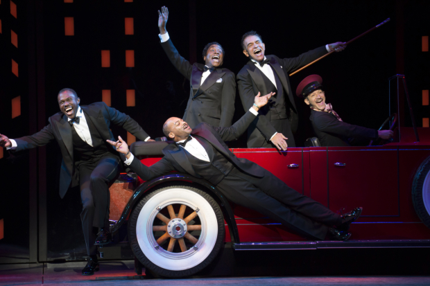 Joshua Henry, Brandon Victor Dixon, Billy Porter, Brian Stokes Mitchell, and Richard Riaz Yoder star in Shuffle Along, directed by George C. Wolfe, at the Music Box Theatre.