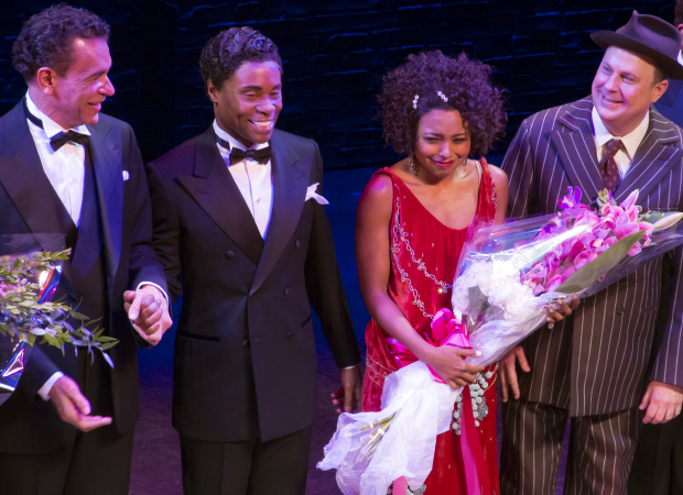An emotional Adrienne Warren takes a bow with costars Brian Stokes Mitchell, Billy Porter, and Brooks Ashmanskas.