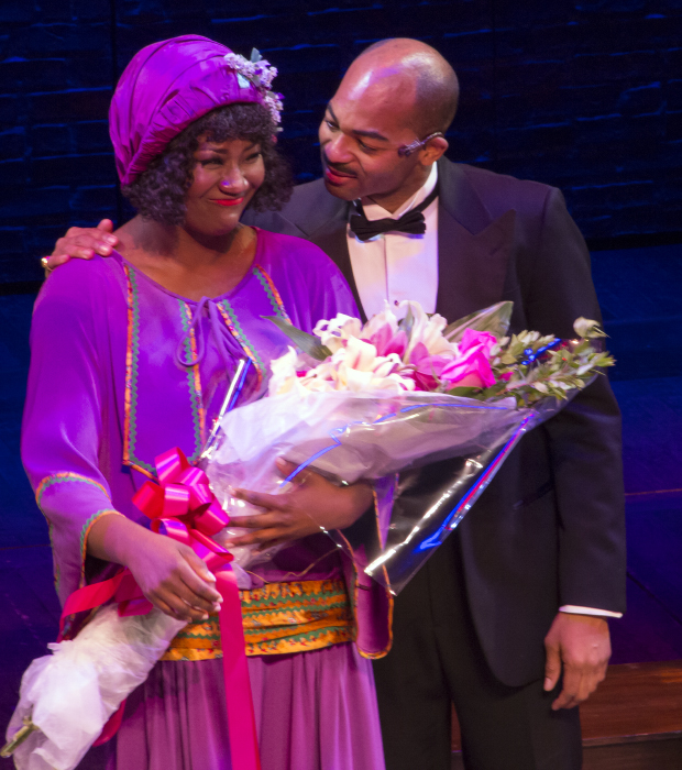 Brandon Victor Dixon proudly congratulates his costar Amber Iman.