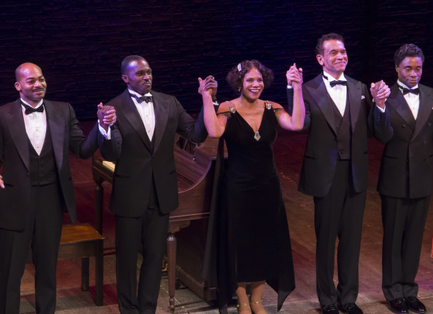 Brandon Victor Dixon, Joshua Henry, Audra McDonald, Brian Stokes Mitchell, and Billy Porter take their bow on the opening night of Shuffle Along.