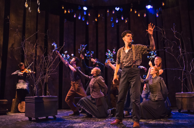 James Ortiz and the ensemble of The Woodsman at New World Stages.